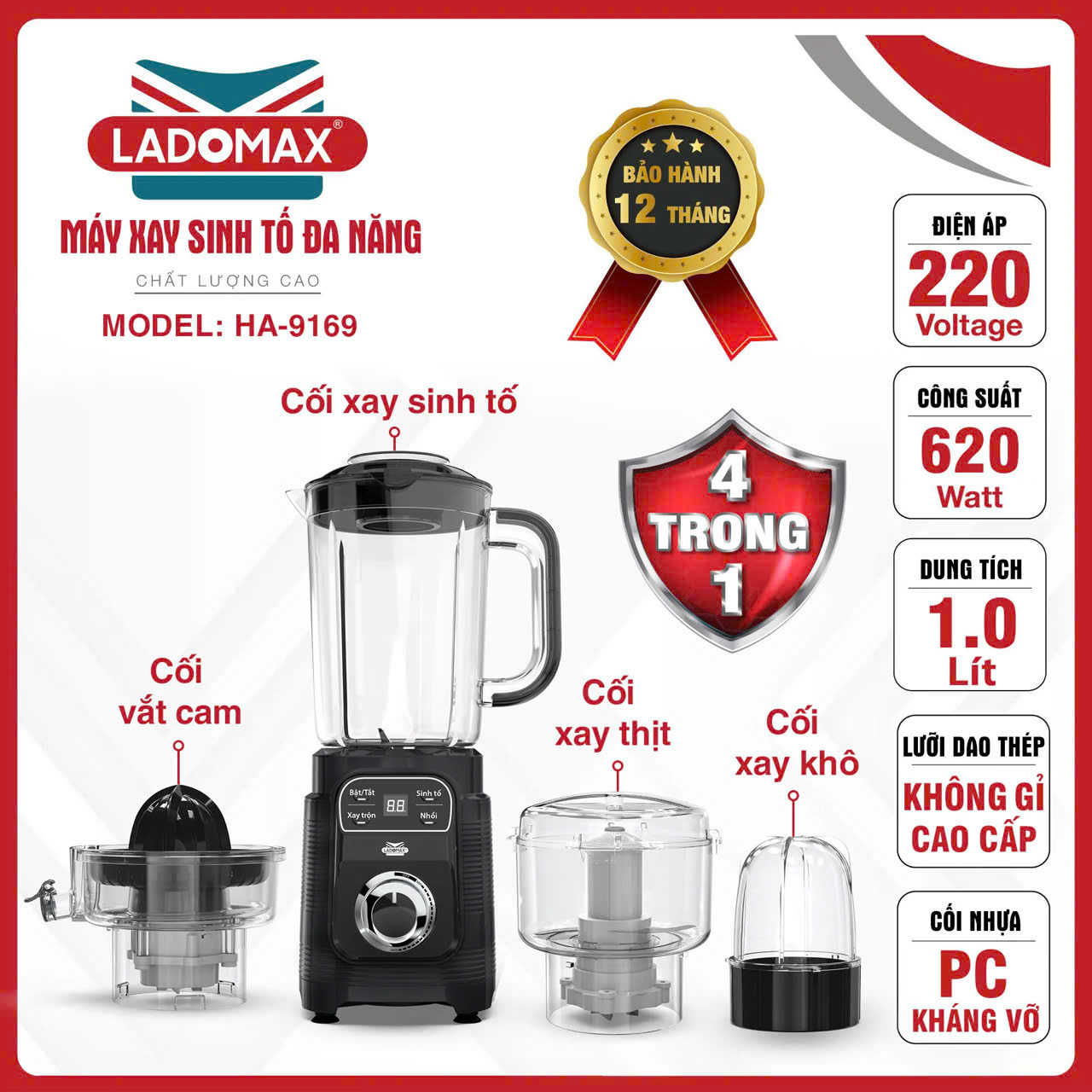 Máy Xay Sinh Tố Đa Năng Ladomax  HA-9169(4 Cối: Xay Sinh Tố, Xay Thịt, Xay Khô, Vắt Cam)