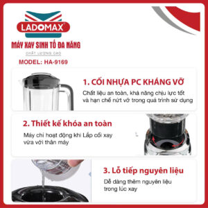 Máy Xay Sinh Tố Đa Năng Ladomax  HA-9169(4 Cối: Xay Sinh Tố, Xay Thịt, Xay Khô, Vắt Cam)