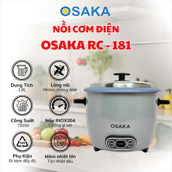 Nồi Cơm Mê Kông Osaka Nắp Rời 1.8 Lít (màu xám)